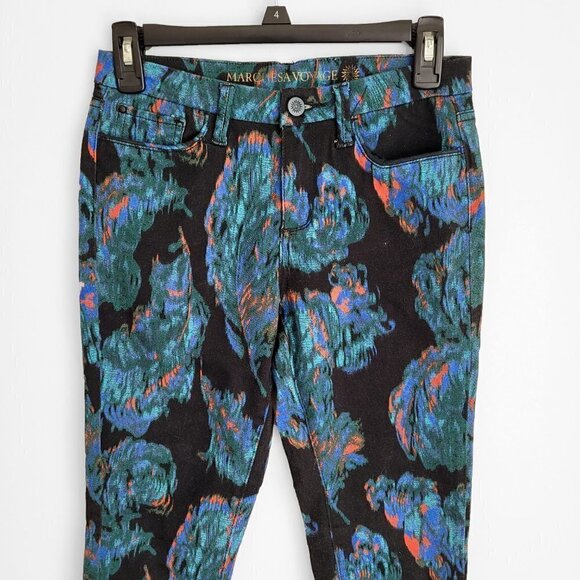 HP! NWT Marchesa Voyage Peacock Feather Print Boho Ankle Cropped Skinny Jeans - Picture 5 of 13